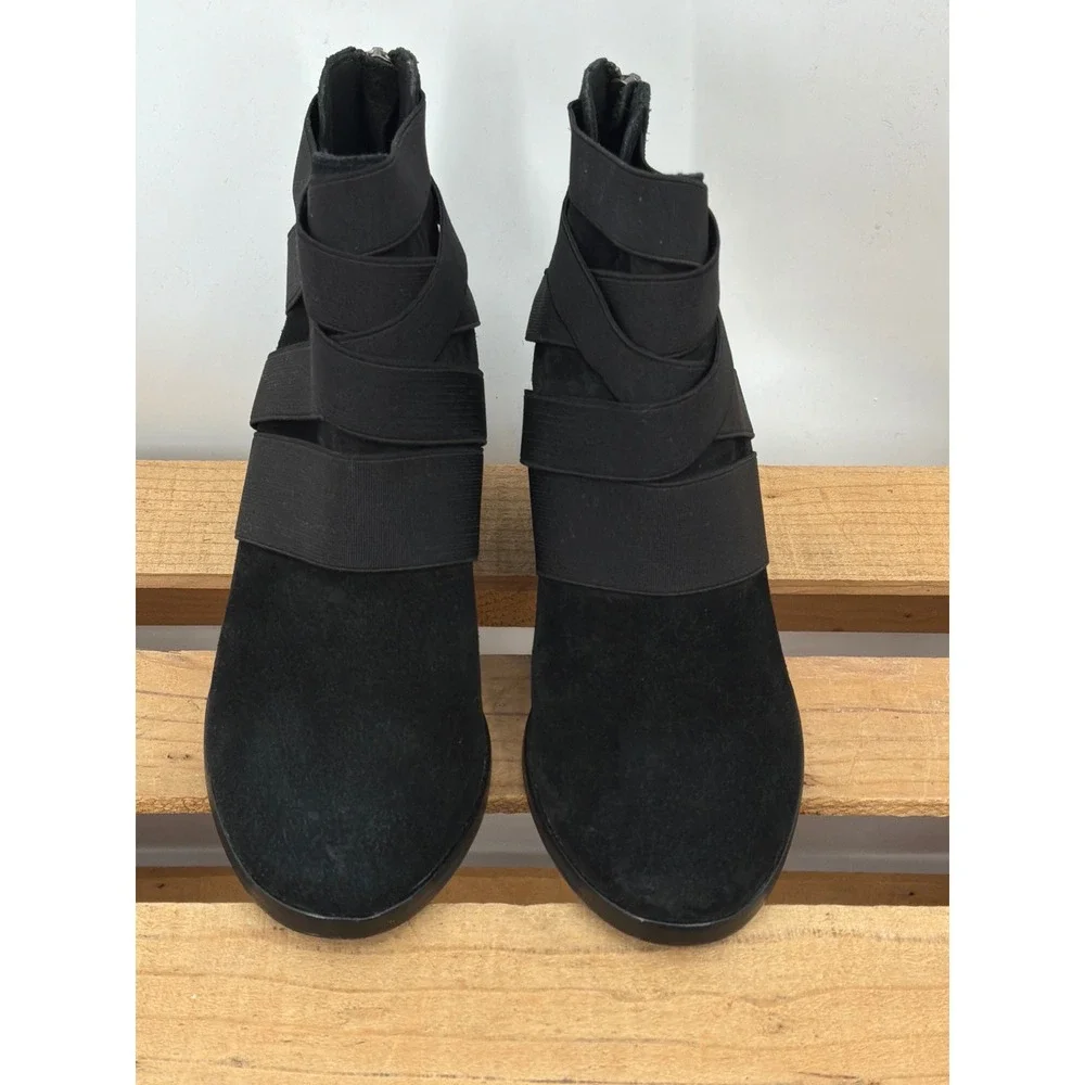 Eileen Fisher Black Suede Elastic‎ Strappy Ankle Booties Block Heel Size 7